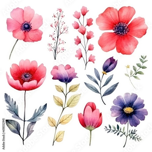 Wallpaper Mural Watercolor flowers. Set Watercolor of multicolored colorful soft flowers. Flowers are isolated on a white background. Flowers pastel colors. Torontodigital.ca