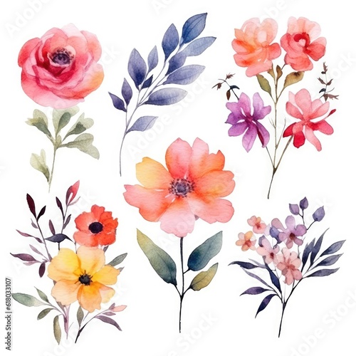 Watercolor flowers. Set Watercolor of multicolored colorful soft flowers. Flowers are isolated on a white background. Flowers pastel colors.