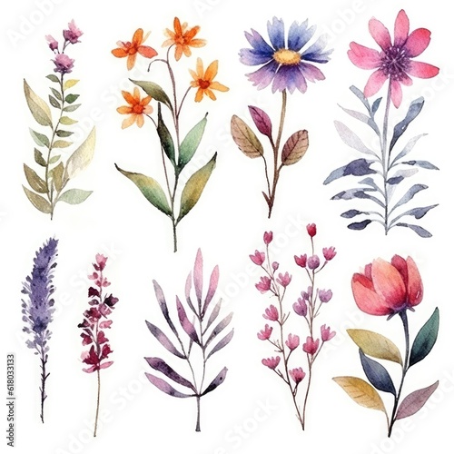 Watercolor flowers. Set Watercolor of multicolored colorful soft flowers. Flowers are isolated on a white background. Flowers pastel colors.