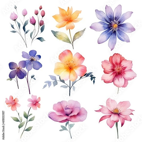 Watercolor flowers. Set Watercolor of multicolored colorful soft flowers. Flowers are isolated on a white background. Flowers pastel colors. © Nikolai