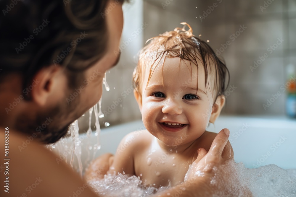 Tender moments in the bath: Father's love and care. Generative AI Tender moments in the bath: Father's love and care. Generative AI