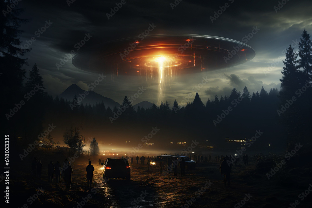 Photorealistic ai artwork of a ufo in the night sky above a foggy ...