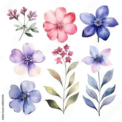 Watercolor flowers. Set Watercolor of multicolored colorful soft flowers. Flowers are isolated on a white background. Flowers pastel colors.