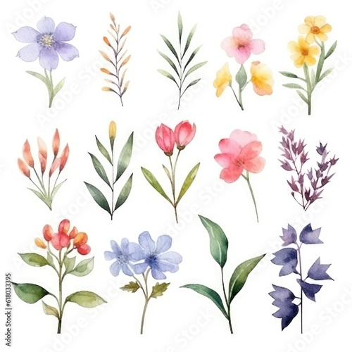 Watercolor flowers. Set Watercolor of multicolored colorful soft flowers. Flowers are isolated on a white background. Flowers pastel colors.