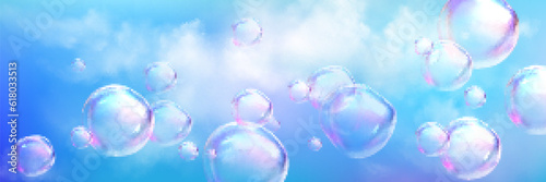 Realistic cloud background with iridescent glass foam. 3d dream spectrum soap bubble sphere blowing in cloudy air fluffy texture design illustration. Sunny blue space with cumulus natural mist
