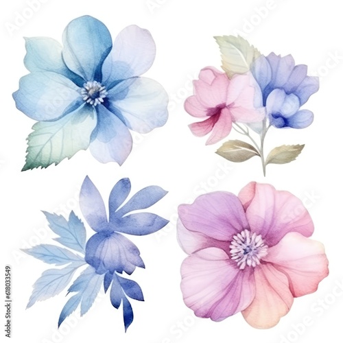 Watercolor flowers. Set Watercolor of multicolored colorful soft flowers. Flowers are isolated on a white background. Flowers pastel colors.