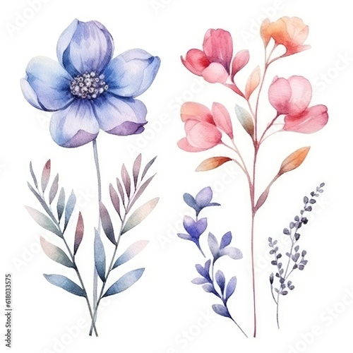 Watercolor flowers. Set Watercolor of multicolored colorful soft flowers. Flowers are isolated on a white background. Flowers pastel colors.