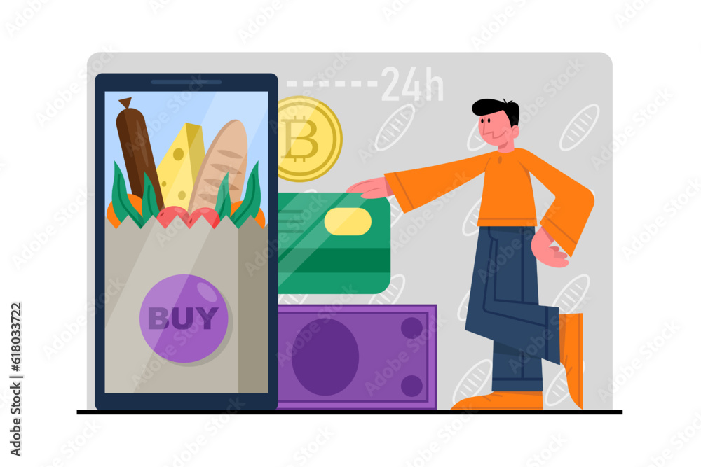 Round clock service. Man orders and pays for food online. Mobile app for shopping. Cashless payments. Credit card in phone. Electronic commerce benefits Round clock service. Man orders and pays for food online. Mobile app for shopping. Cashless payments. Credit card in phone. Electronic commerce benefits