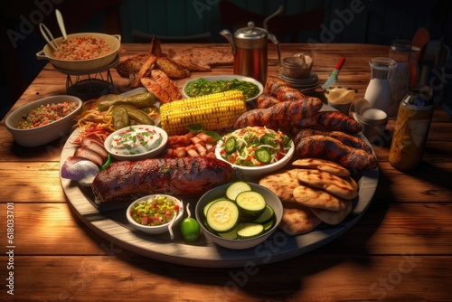 BBQ Barbeque Feast Ribs Meat Chicken Steak Sausage Brisket Corn Bread Potatoes Background Image