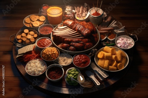 BBQ Barbeque Feast Ribs Meat Chicken Steak Sausage Brisket Corn Bread Potatoes Background Image