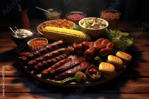 BBQ Barbeque Feast Ribs Meat Chicken Steak Sausage Brisket Corn Bread Potatoes Background Image