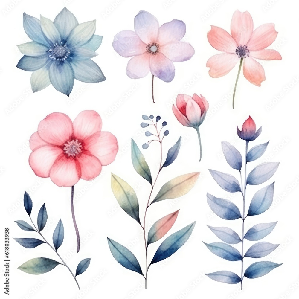 Watercolor flowers. Set Watercolor of multicolored colorful soft flowers. Flowers are isolated on a white background. Flowers pastel colors. generative ai