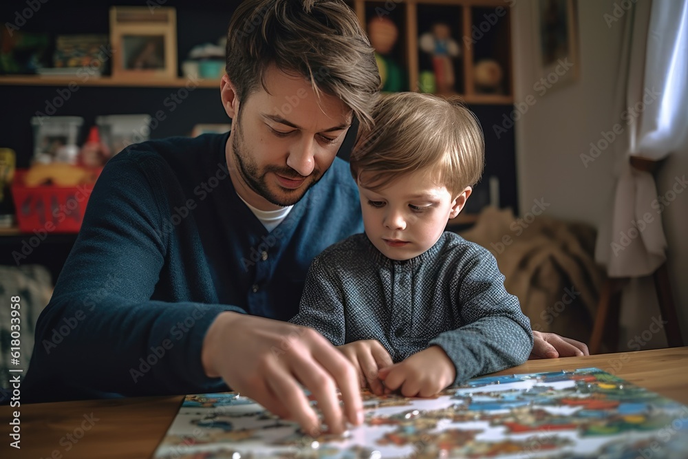 Fototapeta premium Father and Son Engaging in Intellectual Pursuits. Generative AI
