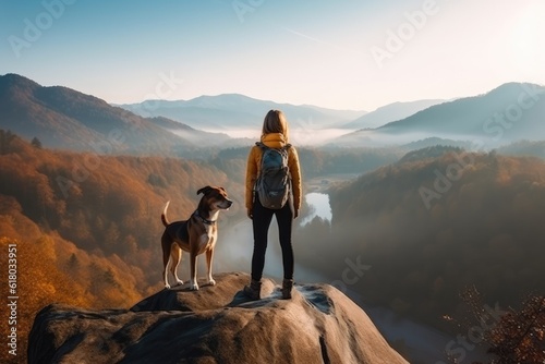 Woman and dog as they stand on the peak of a mountain. Generative AI © YouraPechkin