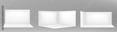 Set of realistic 3D booth mockups isolated on transparent background. Vector illustration of trade fair stand templates, white ceiling and blank walls with led light, business promo area at exhibition