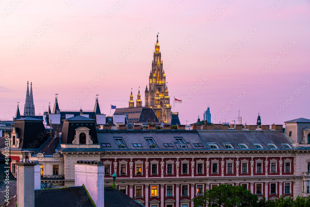 City hall of Vienna at sunset with the cityscape, Vienna, Austria