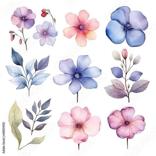 Watercolor flowers. Set Watercolor of multicolored colorful soft flowers. Flowers are isolated on a white background. Flowers pastel colors. generative ai