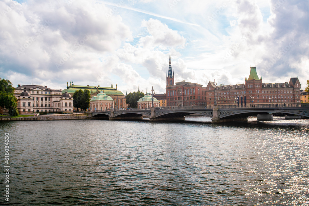 Cityscape with Vasa bridge on Norrstrom in Stockholm