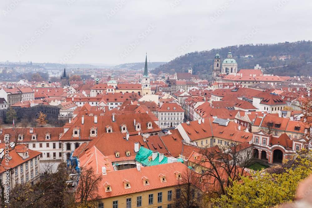 red tiled roofs of the medieval European city of Prague in autumn