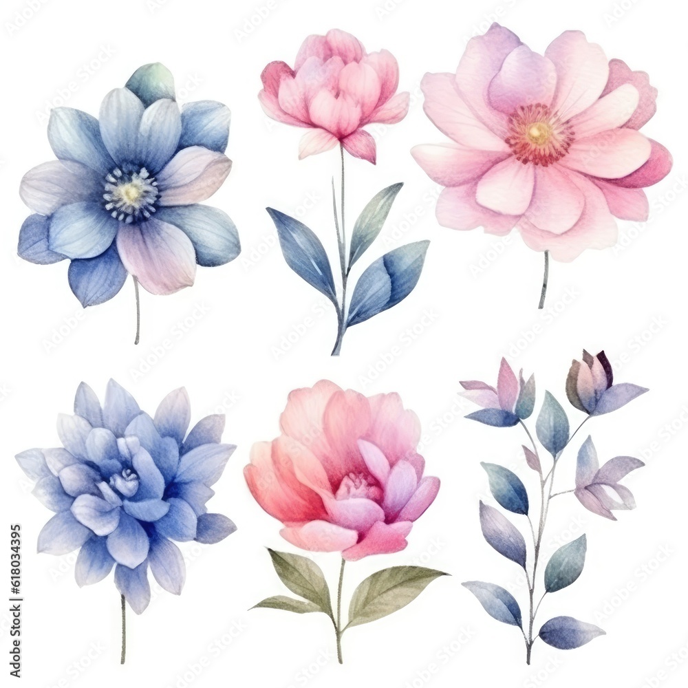 Watercolor flowers. Set Watercolor of multicolored colorful soft flowers. Flowers are isolated on a white background. Flowers pastel colors