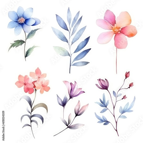 Watercolor flowers. Set Watercolor of multicolored colorful soft flowers. Flowers are isolated on a white background. Flowers pastel colors. generative ai