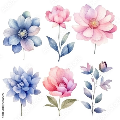 Watercolor flowers. Set Watercolor of multicolored colorful soft flowers. Flowers are isolated on a white background. Flowers pastel colors