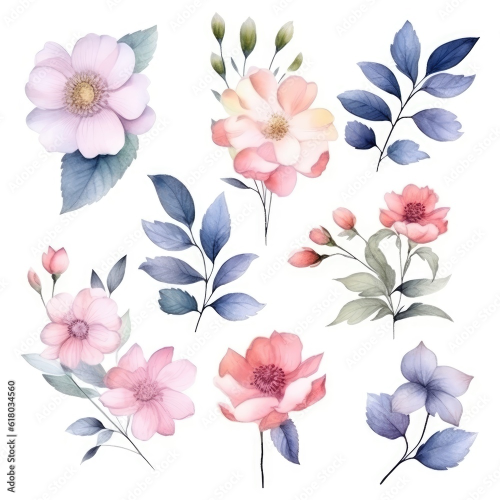 Watercolor flowers. Set Watercolor of multicolored colorful soft flowers. Flowers are isolated on a white background. Flowers pastel colors