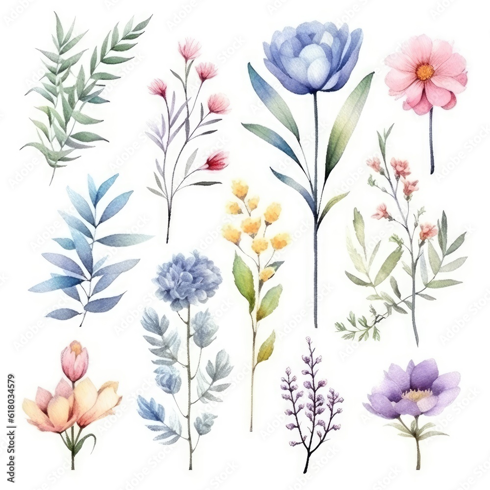 Watercolor flowers. Set Watercolor of multicolored colorful soft flowers. Flowers are isolated on a white background. Flowers pastel colors