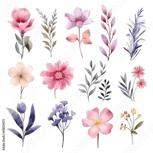 Watercolor flowers. Set Watercolor of multicolored colorful soft flowers. Flowers are isolated on a white background. Flowers pastel colors