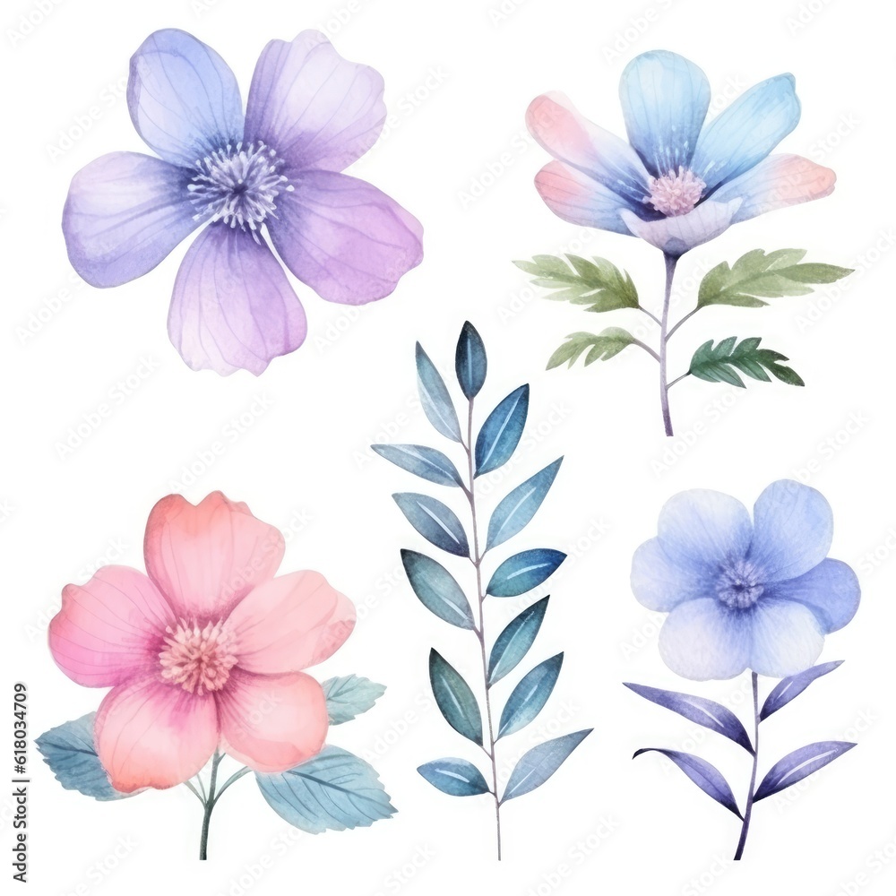 Watercolor flowers. Set Watercolor of multicolored colorful soft flowers. Flowers are isolated on a white background. Flowers pastel colors