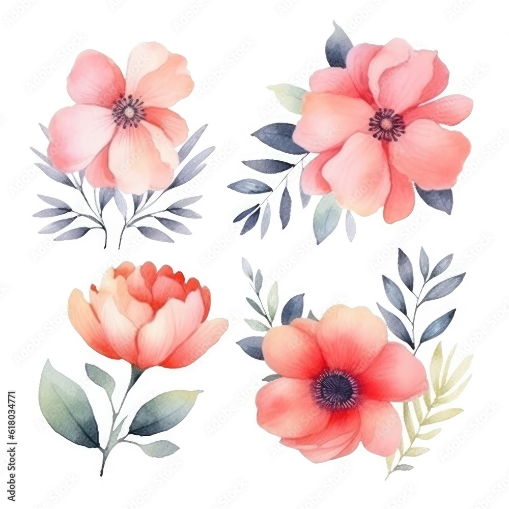 Watercolor flowers. Set Watercolor of multicolored colorful soft flowers. Flowers are isolated on a white background. Flowers pastel colors