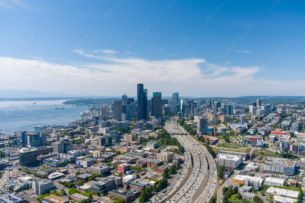Fototapeta premium Aerial view of Seattle, Washington on a sunny day in June