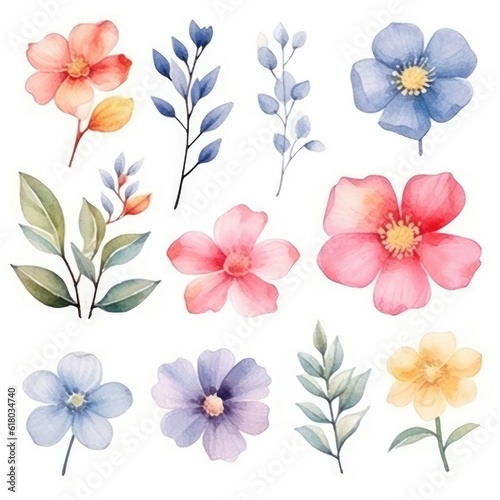 Watercolor flowers. Set Watercolor of multicolored colorful soft flowers. Flowers are isolated on a white background. Flowers pastel colors