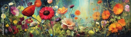 Oil digital paint with colorful flowers. Generative AI illustration, Generative AI © Cavan