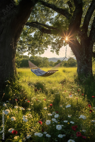 Picturesque meadow with hammock under the tree. Generative AI, Generative AI
