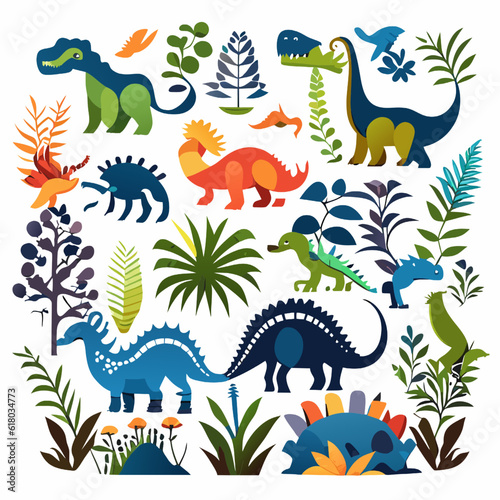 Cute cartoon dinosaurs and plants vector set. Dinosaurs in flat style.