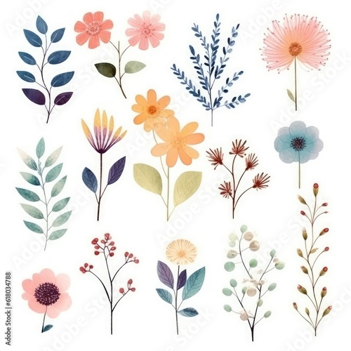 Watercolor flowers. Set Watercolor of multicolored colorful soft flowers. Flowers are isolated on a white background. Flowers pastel colors