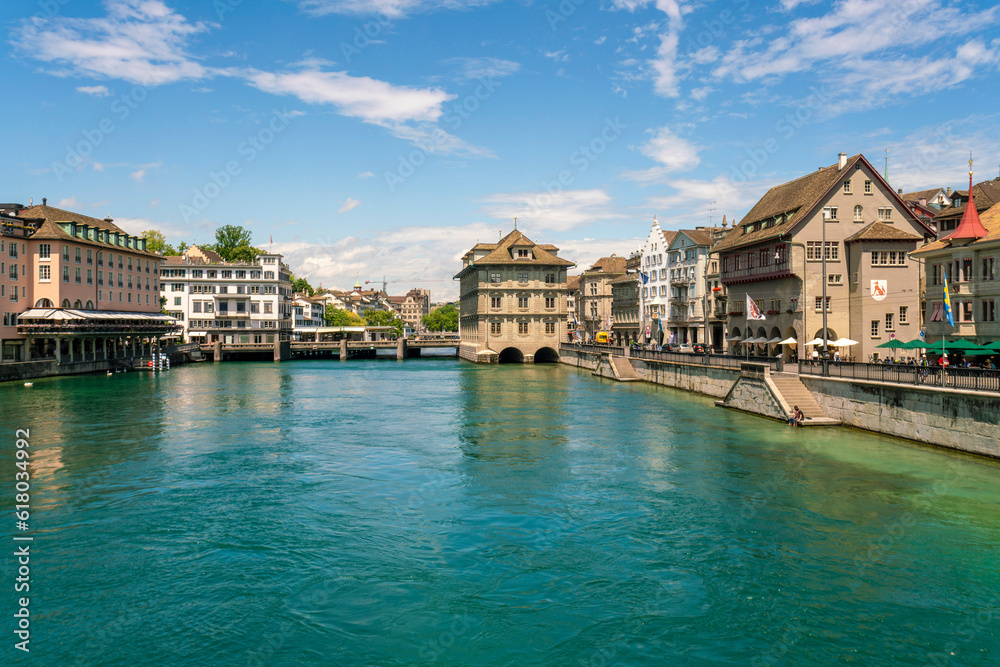 View of Limmat at the old city of Zurich with the city hall