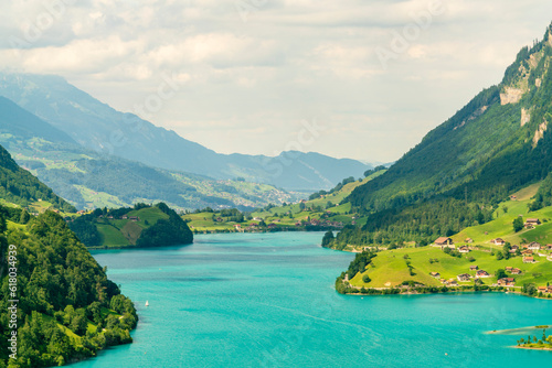 Lake Lungern in summer with blue green clean water, Switzerland