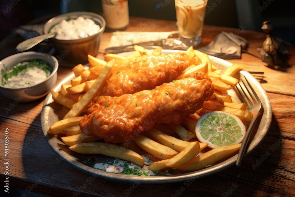 Fish and Chips Tartar Sauce Lemon Vinegar Background Image Fish and Chips Tartar Sauce Lemon Vinegar Background Image