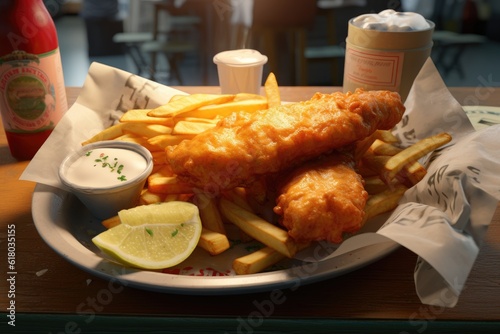 Fish and Chips Tartar Sauce Lemon Vinegar Background Image