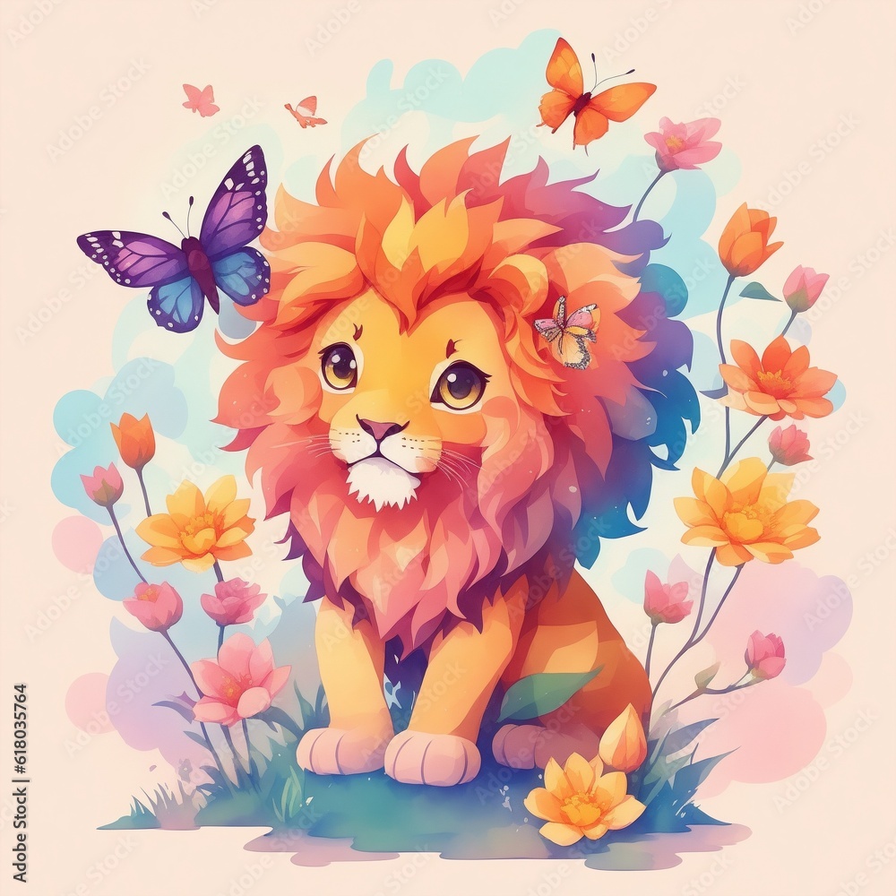 A cute lion with flowers and butterfly illustration. Water colour vector art. A cute lion with flowers and butterfly illustration. Water colour vector art.