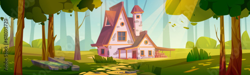 Country house in green summer forest. Vector cartoon illustration of cozy retro cottage with chimney on roof. Woods landscape with trees, green grass, stone path and nice farmhouse on sunlit glade