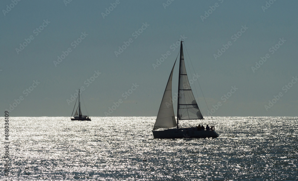 boat race on sea,  sailboat in sunset