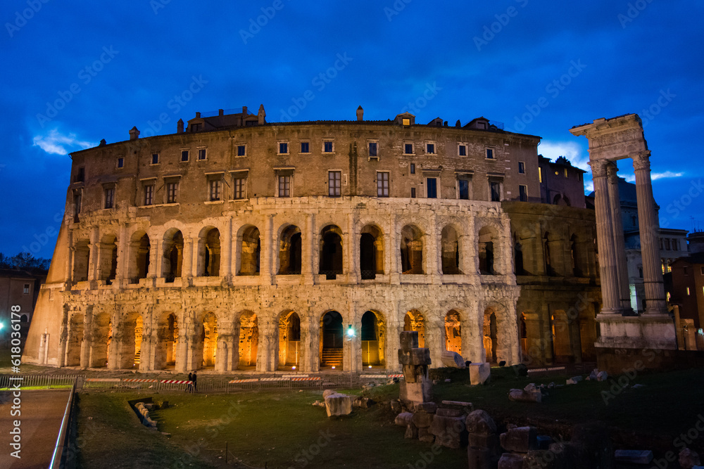 The ancient theater Marcello, night view. Rome, Italy
