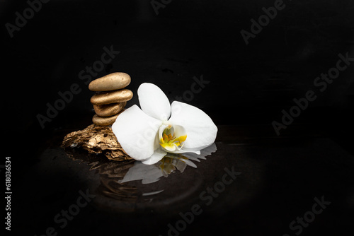 White orchid flower next to golden stones stack on water  on dark background with reflections and ripples