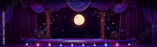 Comedy show stage background with open curtain. Night theater scene with bulb light and garland for music concert or cabaret performance. Empty opera concept hall interior. Theatrical club podium