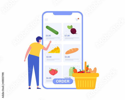 Men buying grocery food products in grocery mobile app concept of Order and Delivery grocery in Online.
