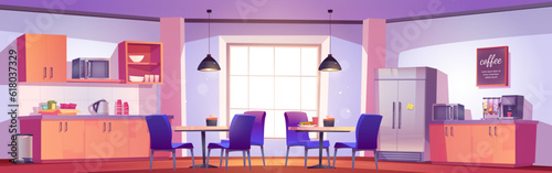 Kitchen interior design in office for lunch background. Break room from work for food with chair, table, microwave and fridge. Indoor informal lounge area in company for eating candy or sandwich.