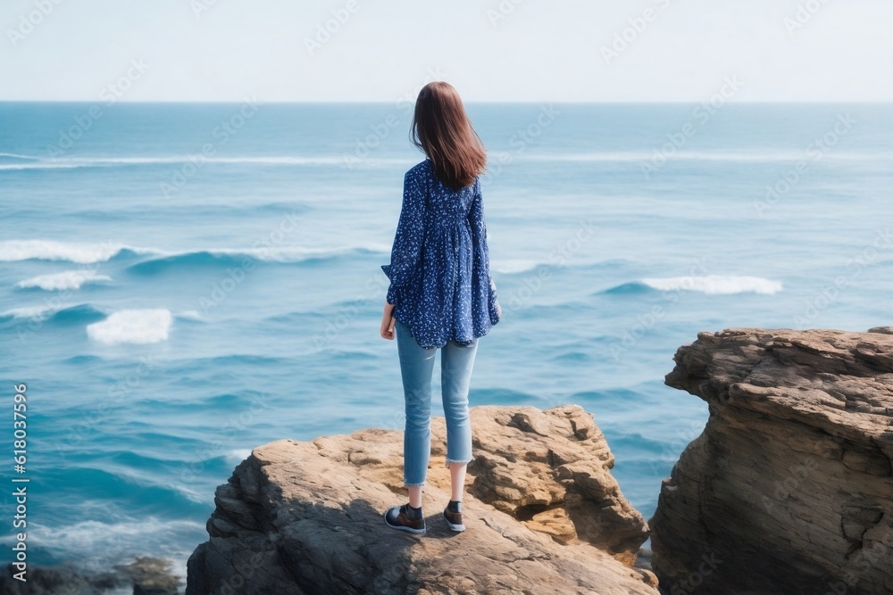 Captivating young woman standing on a rock, gazing at the sea with grace and tranquillity. 
